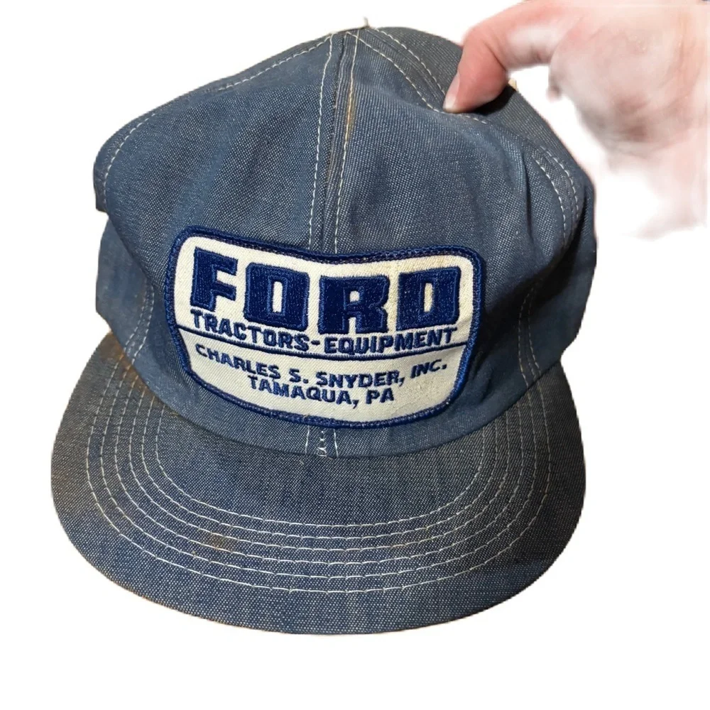 Vintage Ford Tractors Blue Denim Hat Patch K Products Made in USA SnapBack Blue